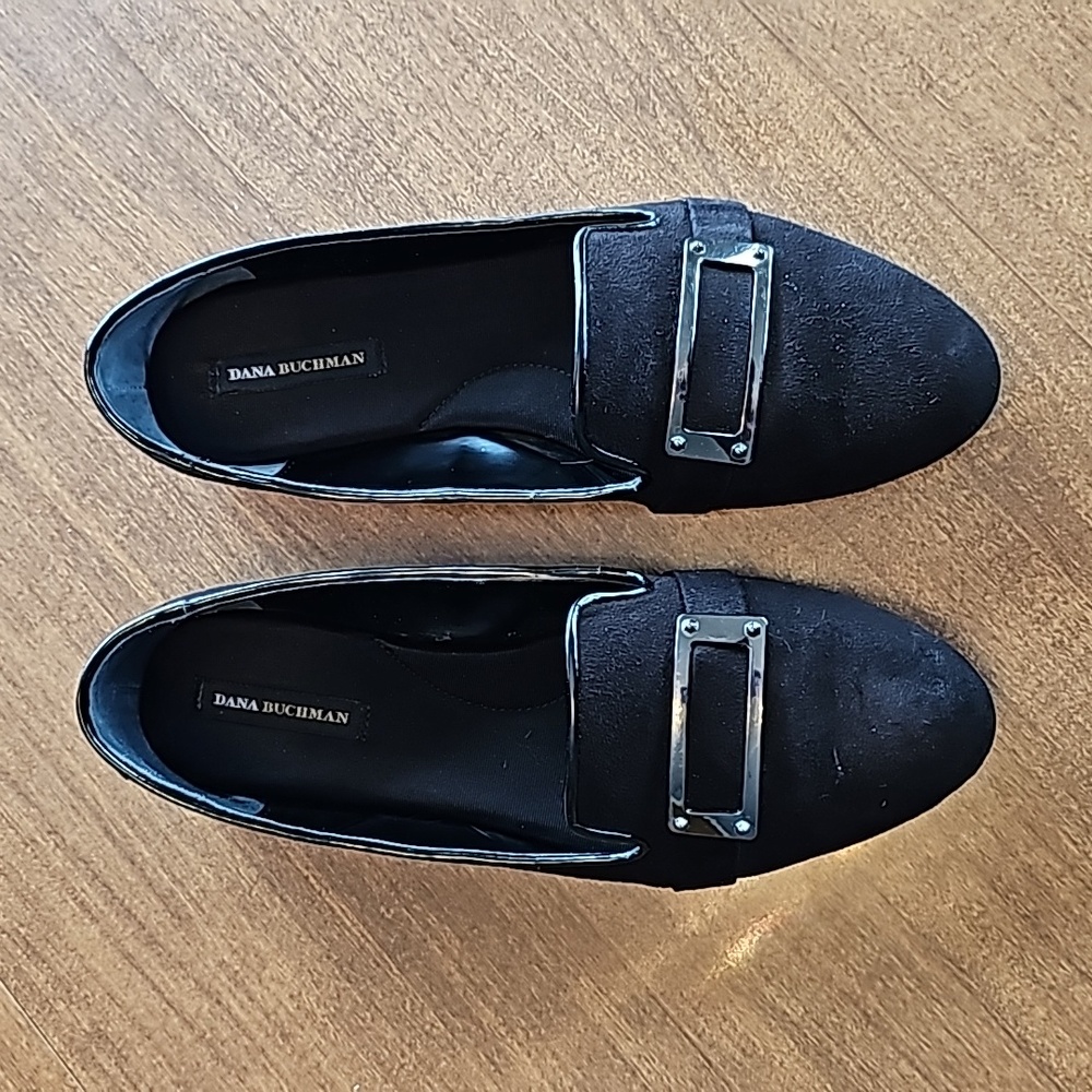 This is a pair of Dana Buchman flat black suede size 8.5 casual dress shoes